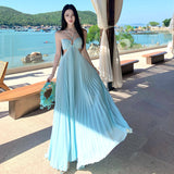 French High-Grade Light Blue Languing Belt With Hanging Neck Dress Sexy Folded Seaside Holiday Dress Girl Summer