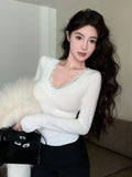 V-Neck Lace Splicing Long-Sleeved T-Shirted Women's Autumn And Winter Hot Girls Pure Desire To Put On The Black Sexy
