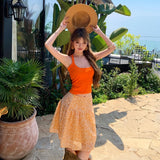 Yunnan Sanya Seaside Holiday Set Dopamine Orange Hanging Sling High Waist Crumb Skirt Two Sets