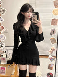 Pure-Want Hottie Sexy V-Neck Knitted Dress Women Autumn And Winter New Lotus Side Horn Sleeves Small Black Dress