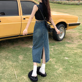 High-Waisted Open-Forked Cowboy Half-Dress Woman 2025 New Summer Small A-Word Half Skirt Retro Ass Long Skirt
