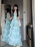 French Holiday Style Mint Green Crumlode Dress Women Summer Small Design Feel Waist Thin Cake Dress