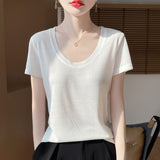 2026 Spring And Summer Women's New Shoulder Short T-Shirt Fashion U Collar Slim Bottom Shirt Short Sleeve Thin Fashion Top