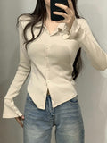 Spring And Autumn Polo Collar Pure Lustful Design Long-Sleeved Shirt Girl Thin Shoulder Hottie Top