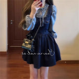 Early Spring Wear A Set Of Loose Retro Bows Denim With Dress Wave Lace Shirt Tide