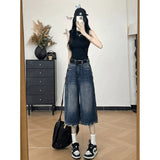 Vintage Do Old Fur Side Denim Shorts Women Summer High Waist Display Thin Straight Legs Drag Seven Points In The Pants
