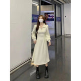 Tea Break French Polo Collar Spring Dress Women Spring And Autumn Gentle Feeling Waist Temperament Thin Inside Long Dress