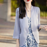 Silk Satin Small Suit Women's Summer Thin Solid Seven-Sleeve Tops Fashion Casual Outside With A Suit Of Clothes