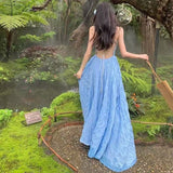 Beautiful Beach Dress Dopamine Blue Slings Bare Back Dress Temperament Swing Dress Swing Dress Flowing Seaside Holiday Wind