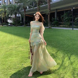 Summer Beautiful Green French Mesh Sling Dress Women's New Explosive High-End Feel Waist Holiday Long Skirt