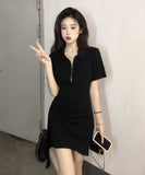 Sweet Babes Wind Polo Collar Dress Women's Summer 2025 New Irregular Design Short Dress Korean Style