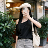 Korean Version Of Simple Retro Inclined Short-Sleeved T-Shirt Girl 2025 Summer Lazy Windy Shoulder Thin Pure Lust Blouse