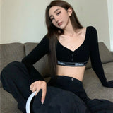 Spice Girls Sexy Long-Sleeved T-Shirt Short V-Neck Collared Women's Spring And Autumn Collarbone High Waist-Cuffed Umbilled Repair Inside The Top
