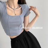 Vintage Three-Dimensional Fish Bone Line Repair Bottom Shirt Square Collar Collar Collar Collar Short-Sleeved T-Shirt Exposed Umbilled Short Top In Tide