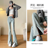 Horn Trousers Women In The Spring And Autumn Of 2025 New High-Rise Slim Slim Thin Small Horn Open Fork Buckle Jeans