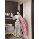 Purely Grit Flower Chiffon Suit Dress Sexy V-Neck Cross Strap Short Long-Sleeved Top High Waist Half-Dress