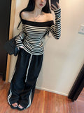 One-Word Shoulder-Striped Long-Sleeved Knitted Jersey Girl Autumn And Winter Pure Hot Girl Sexy Taut Shoulder Shirt Inside Sweater