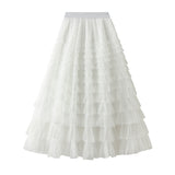 Net Yarn Lotus Leaf Side Temperament Skirt Women's Dress 2025 Spring And Autumn New Famous Woman Long Dress Thin Cake Skirt 2210