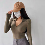 Spice Girl Sexy V-Neck Elastic Tight Slim Long Sleeve Bottom T-Shirt Girl Design Sense Of A Hundred Tops