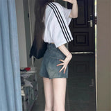 Vintage Blue High-Waisted Denim Shorts Women Summer New High Street Design Hot Pants