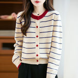 100% Pure Wool 2026 Autumn And Winter New Women's Loose Round-Collar Striped Buckle Knitted Open Shirt Coat