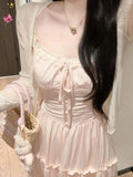 French Gentle Pink Bow Sling Dress Female Super Fairy Lace Lace Lace Lace Lace To Receive Waist A Long Dress