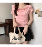 French Fashion Design Feeling Collar A Word Shoulder T-Shirt Short-Sleeved Girl Summer Repair Hot Girl Tight Shoulder Short Top