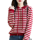 100% Pure Wool 2026 Autumn And Winter New Women's Loose Hooded Hooded Striped Knitted Sweater