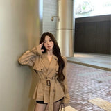 Qaqi-Colored Windwear Coat Women Autumn 2025 New Long Sleeves To Close The Waist Double Buckle Long Outer Coat