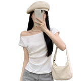 Design Sense Korean Version Of The Oblique Shoulder Collarbone Short-Sleeved T-Shirt For Women's New Summer French Texture Folded Short Top