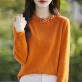 Wool Blended 2026 Autumn And Winter New Women's Round Neck Nails Loose Long-Sleeved Jacket Short Knitted Sweater Bottom Shirt