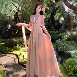 French Beauty V-Neck Hanging Neck Sling Dress Female Summer Super Fairy Sexy Back Beach Beach Dress
