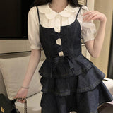 French Princess Pamper Little Sweet Cool Wind Denim Sling Dress Doll-Collared Shirt Two Sets