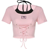 Summer Sweets Babes Short-Sleeved T-Shirt Girl 2025 New Belt Tie Design Short Blouse Sexy Thin