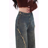 Vintage Side Zip-And-Rhair Straight Jeans Women's Spring And Summer Trend New Butterfly Sticker Drag Trousers
