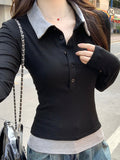 Korean Wearing A Fake Two-Piece Polo Collar Long-Sleeved T-Shirt For Women's New Black Tie Bottom Shirt In Autumn