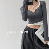 Designing A Hottie Fake Two-Piece Color Small V-Neck Long-Sleeved T-Shirt Girl Autumn Slim Thin Short-Num Chic Top