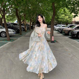 Vintage Oil Painting Style Print Sling Dress Summer Atmosphere Super Fairy Romantic High-Rise Thin Dress Temperament Dress