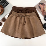 Vintage Fashion Simple Rope High Waist Thin Deer Skin Velvet Skirt Anti-Skin Short Skirt A-Skirt Women's Autumn Winter