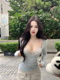 Pure Lust Folded Tight Cross Long Sleeves To Close Waist T-Shirt Women's Autumn Set Lace Splicing Sling Sling Sling Vest Two Sets