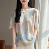 Bamboo Syringe 2026 Spring And Summer Women's New High-End Water-Soluble Printing Round Collar Knitting Short-Sleeved Loose Thin T-Shirt