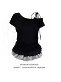 Sweet Spice Girl French Bow Slanted Shoulder Short-Sleeved T-Shirt For Summer Women's New Body-Repair Lace Spliced Short Tops