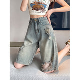 Cement Gray Hole Five-Point Jeans Women 2026 Summer Thin Loose Pear-Shaped Trousers Nostalgic 5 Points Shorts