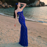 Blue Hanging Dress Female Senior Famous Yuan Thousand Gold Evening Dress Sexy Bare Backpack Hip Dress Birthday Dress