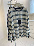 Korean Version Of The Retro Stripe Bumpy Slim Roll Round-Neck Long-Sleeved T-Shirt For Women's Loose Lazy Sun Protection Shirts Summer