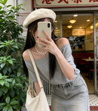 2026 Summer Loose Lazy Wind Word Shoulder Short-Sleeved T-Shirt New Korean Version Of Hot Girl Casual Lame Shoulder Coat