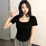 Short-Sleeved T-Shirt For Girls Summer New Korean Version Of The Self-Ind-Up Casual Bottom-Up Student Niche Hot Girl Blouse Tide Ins