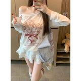 Korean White Print Oblique Shoulder Long-Sleeved T-Shirt Women's Summer Loose Sun Protection Shirt Design Thin Model Top