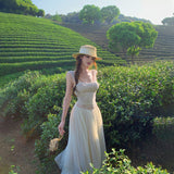 Beautiful Lace Splicing Big Bare Back Sling Dress Strapped Bow Fairy Gas Big Swing Dress Travel To Wear Long Skirt