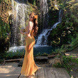Tyrand Island Holiday Dopamine Long Skirt Yellow Strapped Tector-Meared Shirt Print Hip Skirt Two-Piece